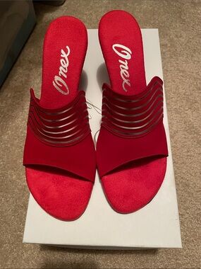 Onex Red Slide Mules with Wavy Metallic Straps